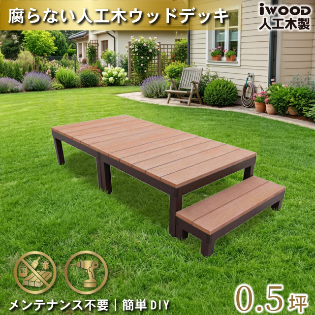 ウッドデッキPLUS　人工木+アルミ製　0.5坪　[3点セット]　ナチュラル　P2d1sPN　アイウッドデッキPLUS　ステップPLUSセット P90N