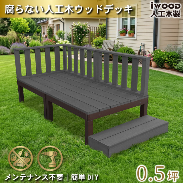 ウッドデッキPLUS　人工木+アルミ製　0.5坪　[6点セット]　ブラック　P2d3f1sPB　アイウッドデッキPLUS　ローフェンス＆ステップ　P90B　3fB