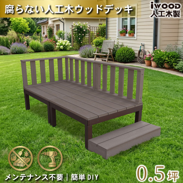 ウッドデッキPLUS　人工木+アルミ製　0.5坪　[6点セット]　ダークブラウン　P2d3f1sPD　アイウッドデッキPLUS　ローフェンス＆ステップ　P90D　3fN