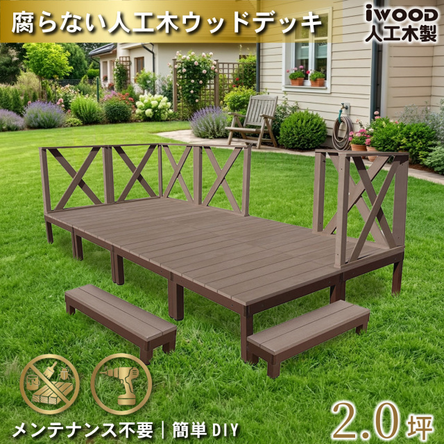 ウッドデッキPLUS　人工木+アルミ製　2.0坪　[16点セット]　ダークブラウン　P8d6xh2sPD　アイウッドデッキPLUS　ハイXタイプ＆ステップPLUS　P90D　3XHN