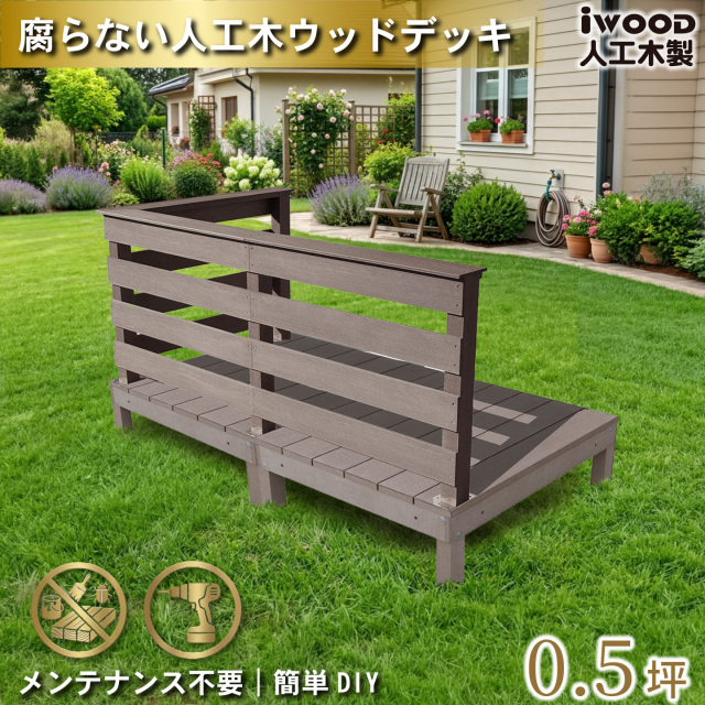 ウッドデッキ 0.5坪 樹脂製 フェンス手摺り付き 横ボーダータイプ [3枚セット] ダークブラウン 2d3hbd-db オリジナル アイウッド人工木製 人工木 組立式 布団干し 掃き出し窓 アウトドアリビング 高耐候性