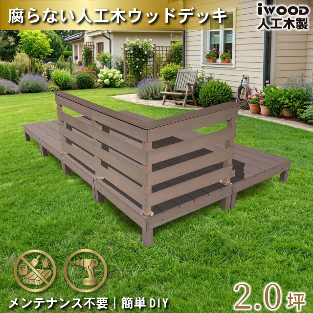 ウッドデッキ 2.0坪 樹脂製 フェンス手摺り付き 横ボーダータイプ [3枚セット] ダークブラウン 8d3hbd-db オリジナル アイウッド人工木製 人工木 組立式 布団干し 掃き出し窓 アウトドアリビング 高耐候性