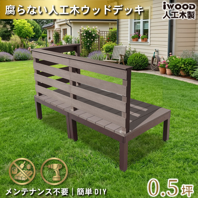 ウッドデッキplus 0.5坪 樹脂製床板 フェンス手摺り付き 横ボーダータイプ [3枚セット] ダークブラウン plus2d3hbd-db アルミ合金フレーム オリジナル アイウッド人工木製 人工木 組立式 布団干し 掃き出し窓 アウトドアリビング 高耐候性