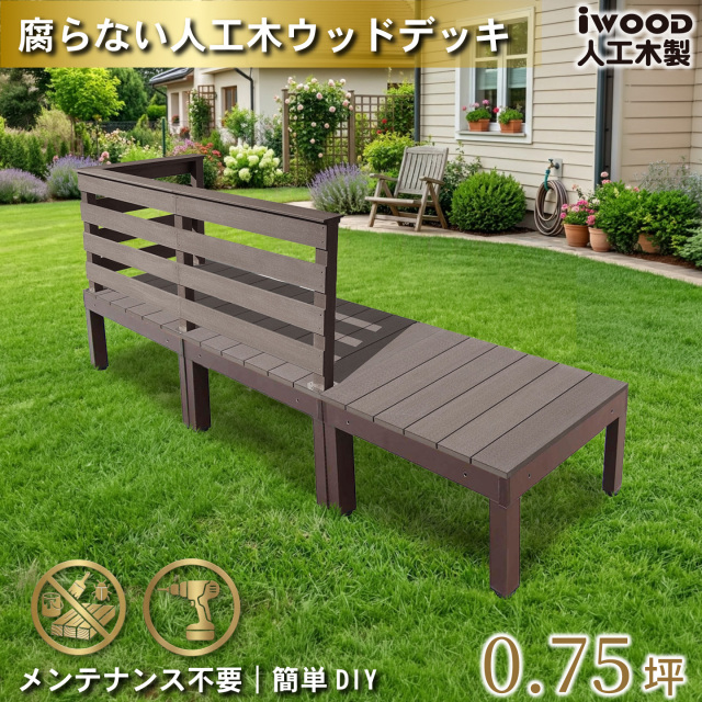 ウッドデッキplus 0.75坪 樹脂製床板 フェンス手摺り付き 横ボーダータイプ [3枚セット] ダークブラウン plus3d3hbd-db アルミ合金フレーム オリジナル アイウッド人工木製 人工木 組立式 布団干し 掃き出し窓 アウトドアリビング 高耐候性
