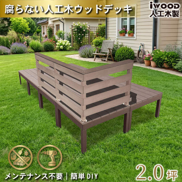 ウッドデッキplus 2.0坪 樹脂製床板 フェンス手摺り付き 横ボーダータイプ [3枚セット] ダークブラウン plus8d3hbd-db アルミ合金フレーム オリジナル アイウッド人工木製 人工木 組立式 布団干し 掃き出し窓 アウトドアリビング 高耐候性