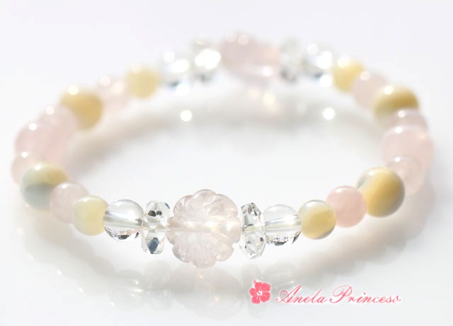 ハワイのマナ入りお花ローズクォーツとパールパワーストーンブレスレット