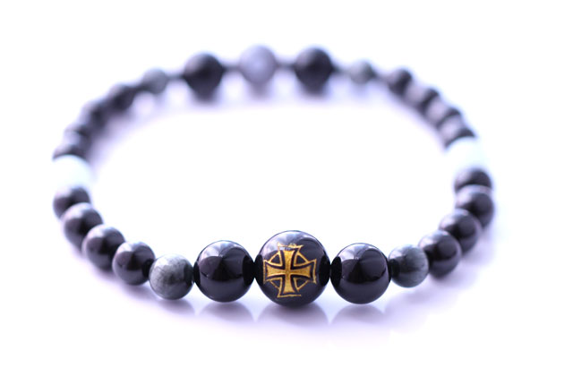 男女兼用ケルト十字ブラックオニキス、アクアマリンパワーストーンブレスレット