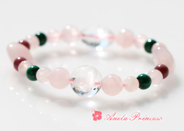 愛を引き寄せる天使水晶入りローズクォーツ、マラカイトパワーストーンブレスレット