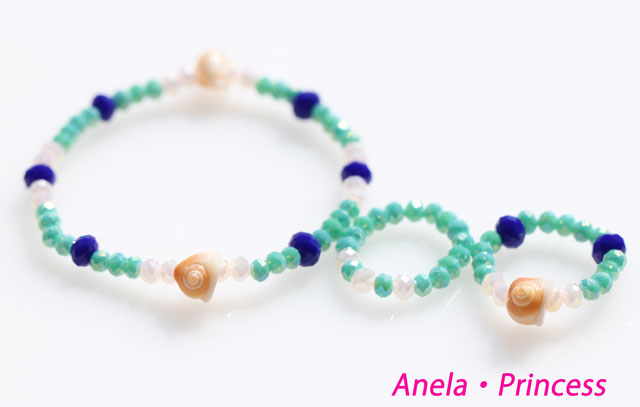 マーメイド貝殻とキラキラクリスタルブレスレット＆指輪セット（グリーン）