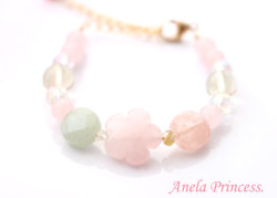 １４KGF（ゴールドフィールド）お花ローズクォーツ、アクアマリン、モルガナイトパワーストーンブレスレット