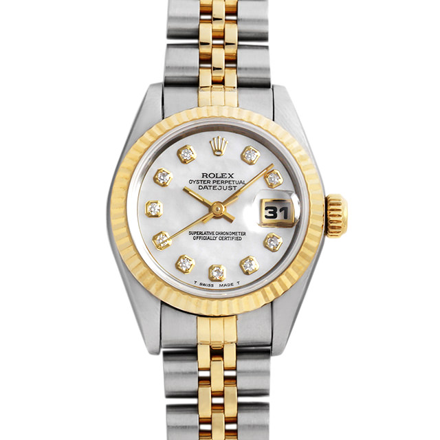 ロレックス デイトジャスト 10Pダイヤ 69173NG ホワイトシェル W番 中古 レディース