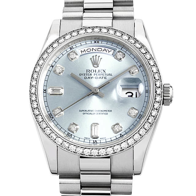 ロレックス デイデイト ベゼルダイヤ 8Pラウンド/2Pバゲットダイヤ 118346A アイスブルー P番 中古 メンズ