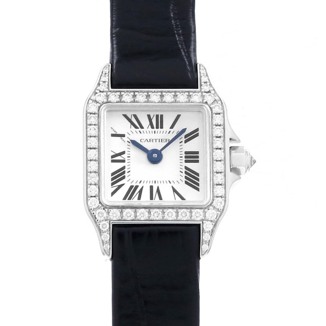 カルティエ Cartier 腕時計 サントス ミニ ドゥモワゼル WF902005 ダイヤベゼル スクエア ホワイト文字盤 ブラック アリゲーター レザーベルト K18WG クオーツアナログ 【中古】 WF902005 ホワイト Cartier（カルティエ）ミニサントス ドゥ モワゼル