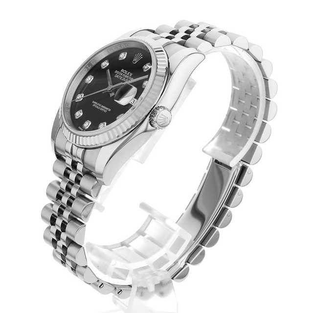 yasuロレックスデイトジャスト 116234G 本物 美品２分の1 116234G ブラック ROLEX（ロレックス）デイトジャスト 10Pダイヤ 中古