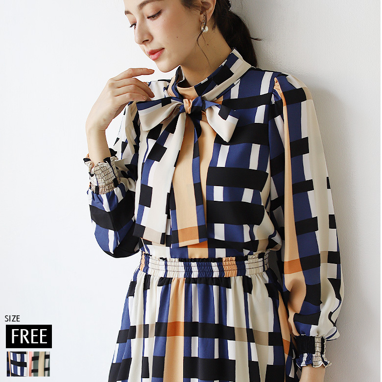 マルチチェックボウタイリボンブラウス(252-26550)