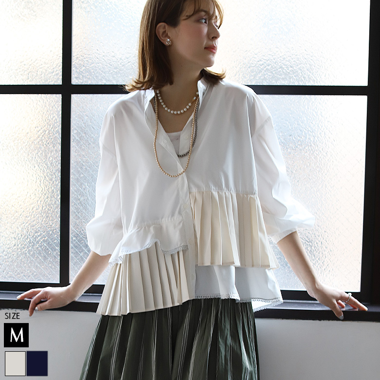 サテンアシメプリーツレースシャツ(41-0121)