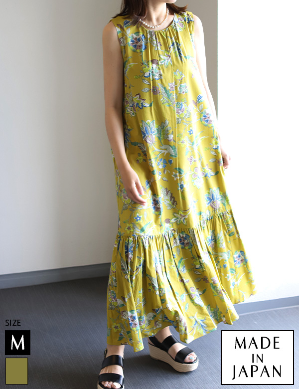 日本製ボタニカルフラワープリントティアードワンピース(810-85133)