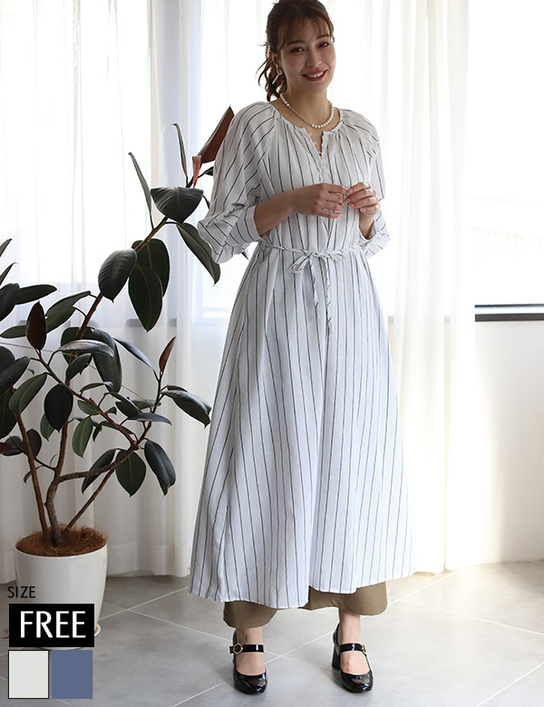 リボン付きストライプロングシャツワンピース(KY-5118)