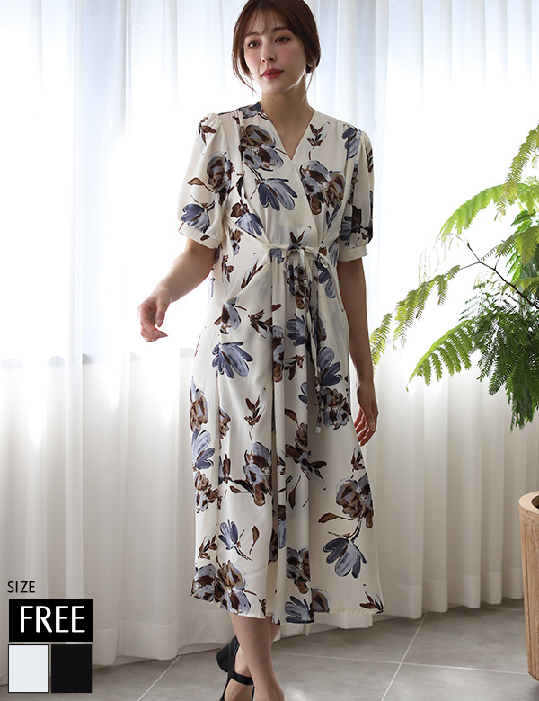 レトロフラワープリントリボンワンピース(KY-5263)
