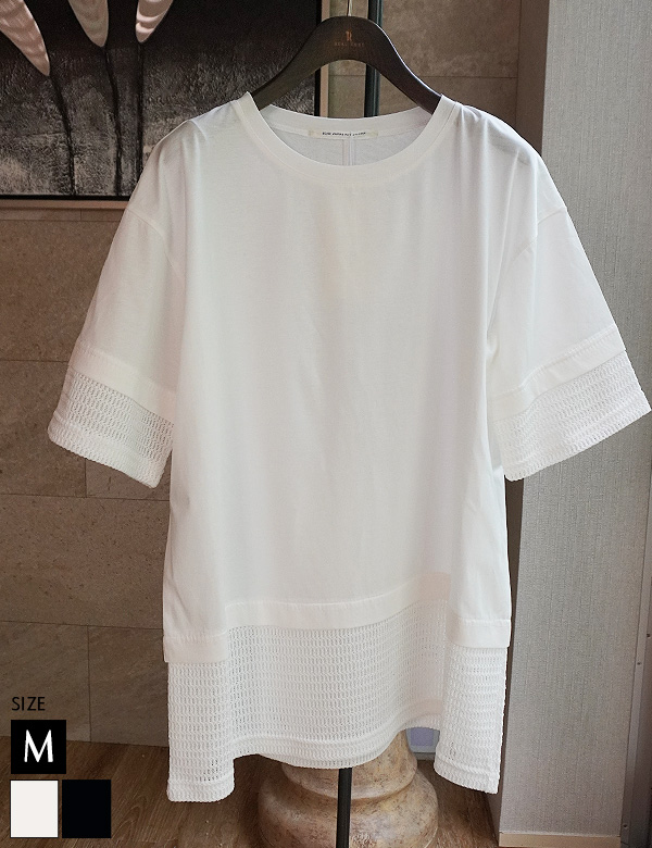 メッシュ切替シルケットスムースチュニックトップス(25-0606)