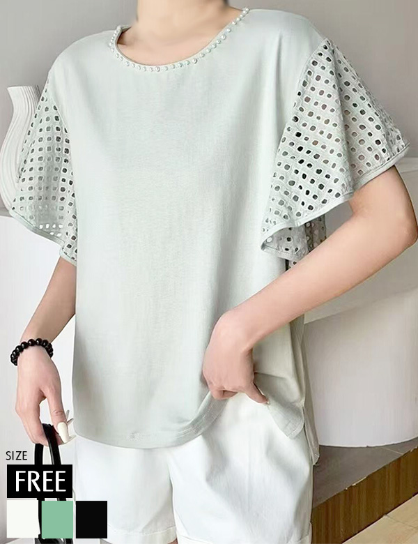 プチパールコットンレーススリーブトップス(151-4199)