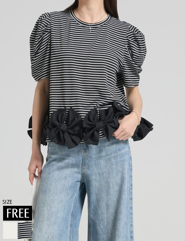 ボーダーパフスリーブリボンTシャツ(J31-0490)