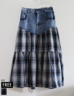 デニムドッキングチェックティアードスカート(KY-24034)