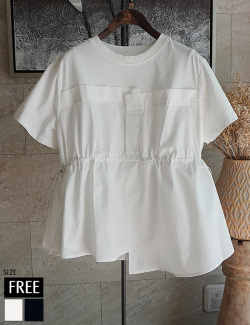 異素材切替えウエストギャザーシルケットトップス(KY-5366)