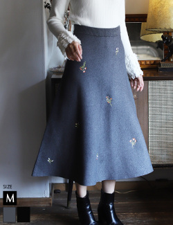 フラワー刺繍ウォッシャブルニットフレアスカート(52240L)