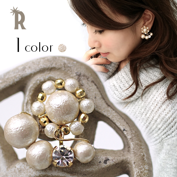 2wayコットンパール ゴールドビジュー片耳ピアス イヤリング M 0109 メール便発送 返品交換不可