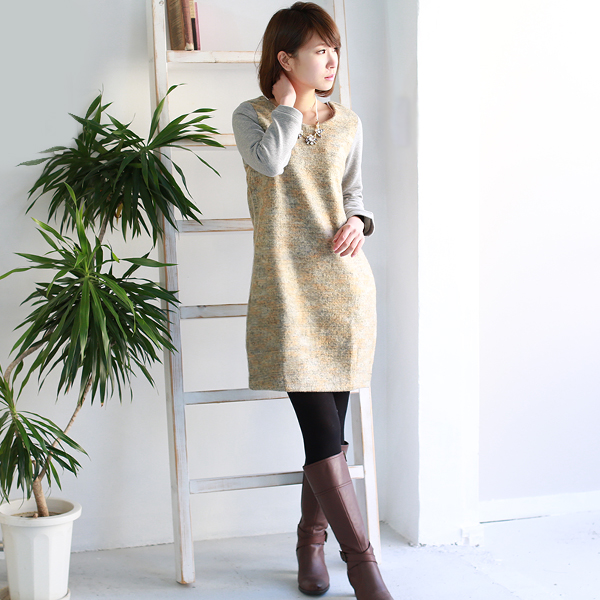 ポイント100 還元 Cynical 日本製ウール混mixカラー袖切替ワンピース 450 返品交換不可