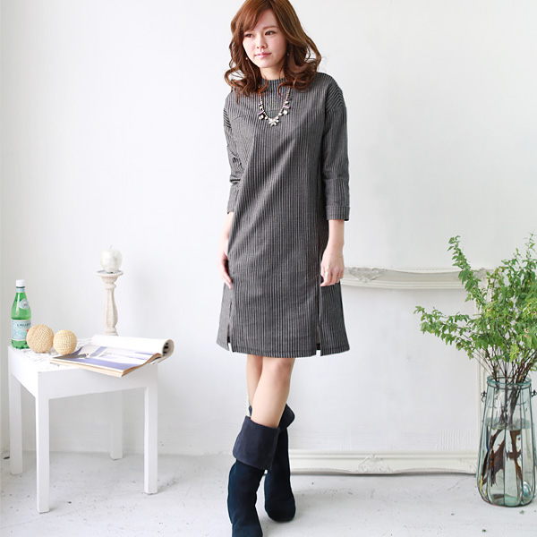 ポイント100 還元 Cynical 日本製 ボトルネック七分袖ストライプワンピース 510 返品交換不可