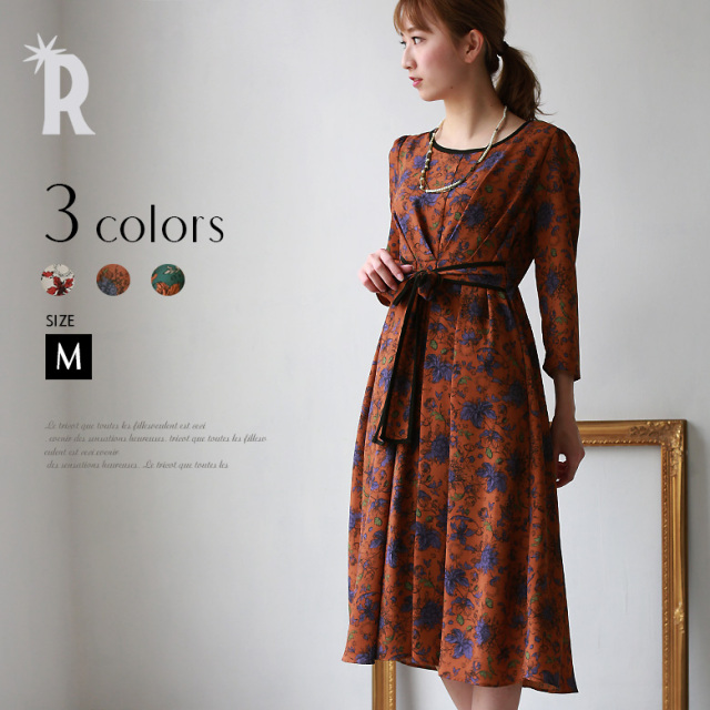 ワンピース 60n 607 Schritto ウエストリボンフラワープリントワンピース 17 A W