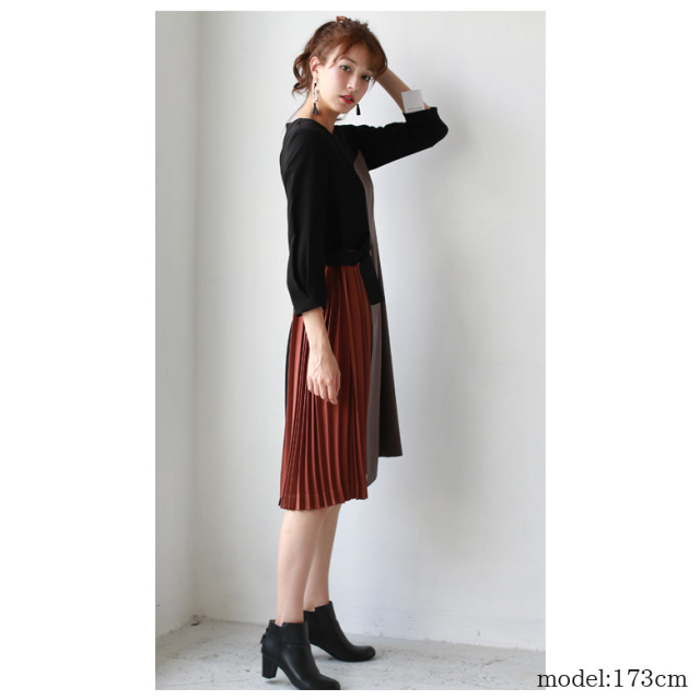 HOOCHIE COOCHIE 日本製 プリーツ異素材切替ワンピース(913375)