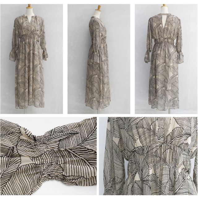 Rosieeリーフ柄フレアスリーブワンピース R