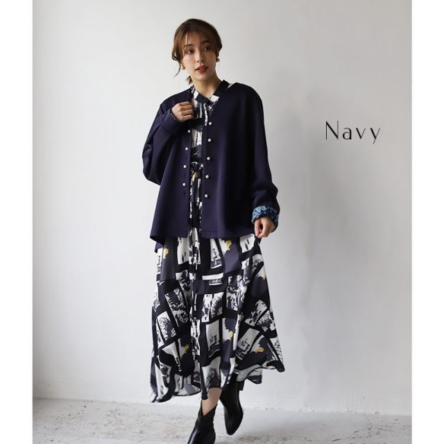 日本製【Rene】パール釦付きノーカラーカーディガン　黒　袖フリルカーデ　38 日本製【Rene】パール釦付きノーカラーカーディガン 黒 袖