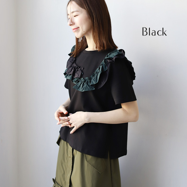お値下げしました♡ビーズ装飾 濃紺 半袖Tシャツ フリルデザイン フリルデザインTシャツ(14609)