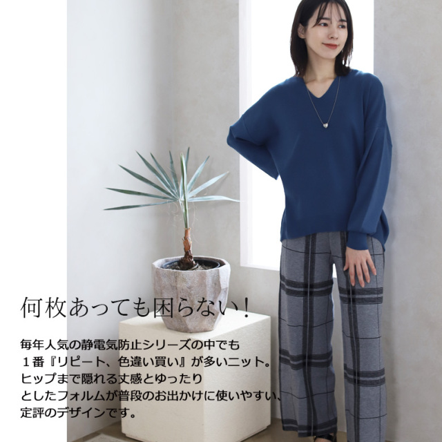 静電気防止やわもちVネックニット(WVQ6654)