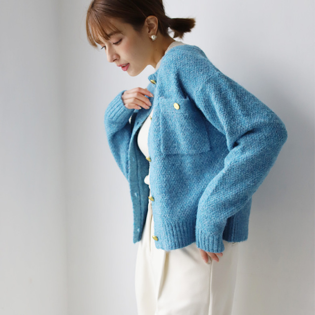 ゴールドボタンツイードニットカーディガン(19-0296)