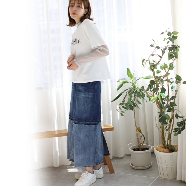 切替え配色デニムストレートスカート(927-27360)