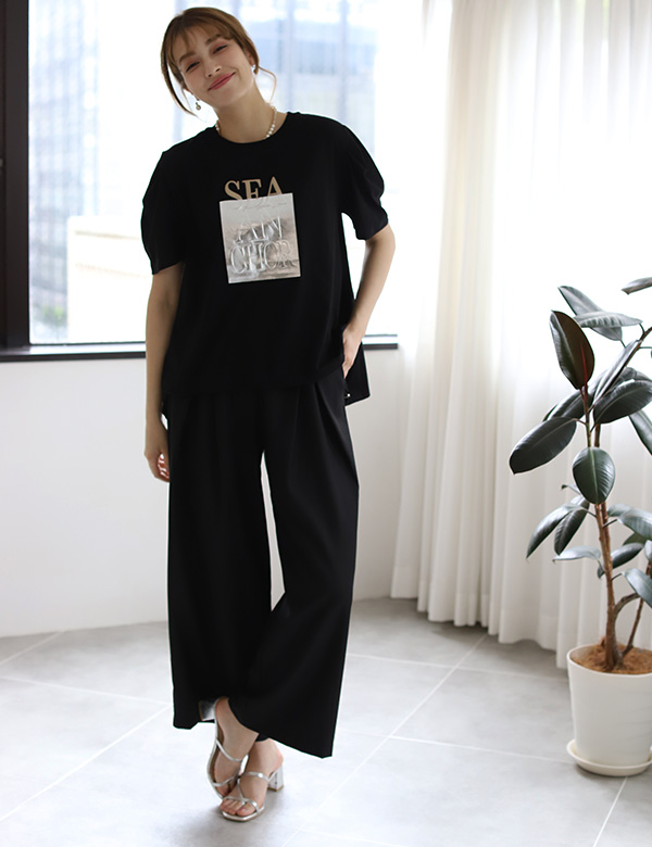 NAPTIME 総柄タックワイドパンツ S ブラック tuck wide pants / black（タックワイドパンツ / ブラック
