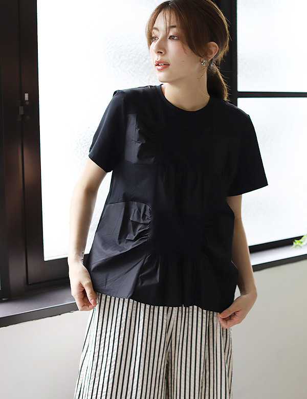 gomme 立体的なタックデザイン 半袖Tシャツ 黒 防汚加工フロントタックデザインTシャツ』