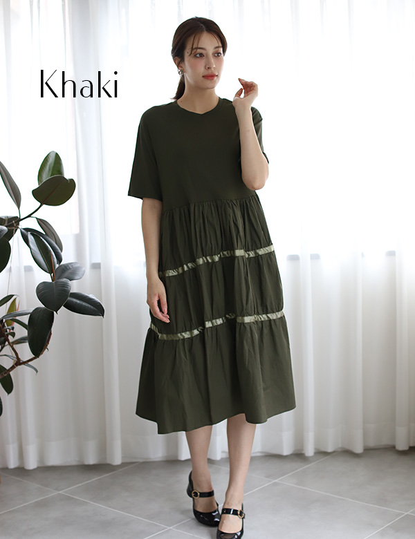 裾リボン異素材切り替えティアードワンピース(KY-4397)