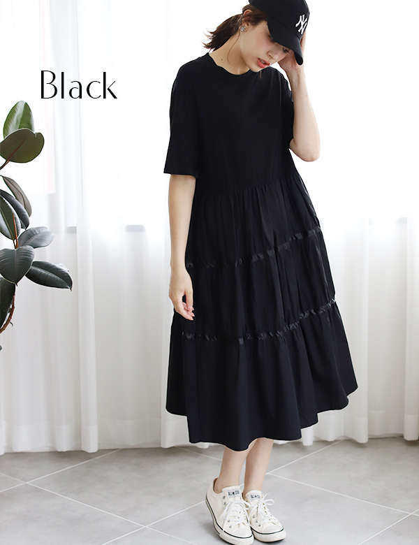 【美品】yori ドッキング ティアードブラウス　異素材切替 リボン 洗える 裾リボン異素材切り替えティアードワンピース(KY-4397)