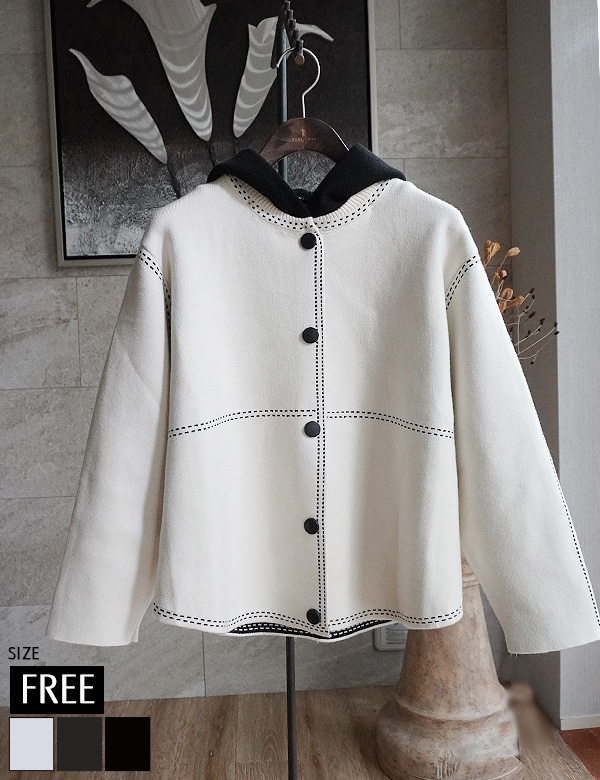 フード付きステッチニットジャケット(KY-4646)