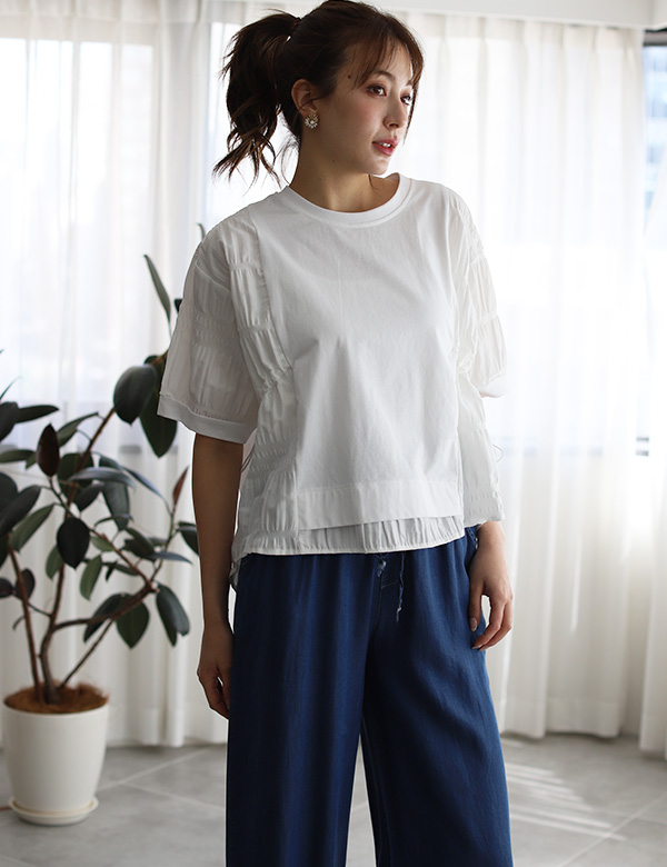 LASUD　ACTIVE　異素材切り替えトップス セール】異素材切り替えギャザーフレアトップス（Tシャツ