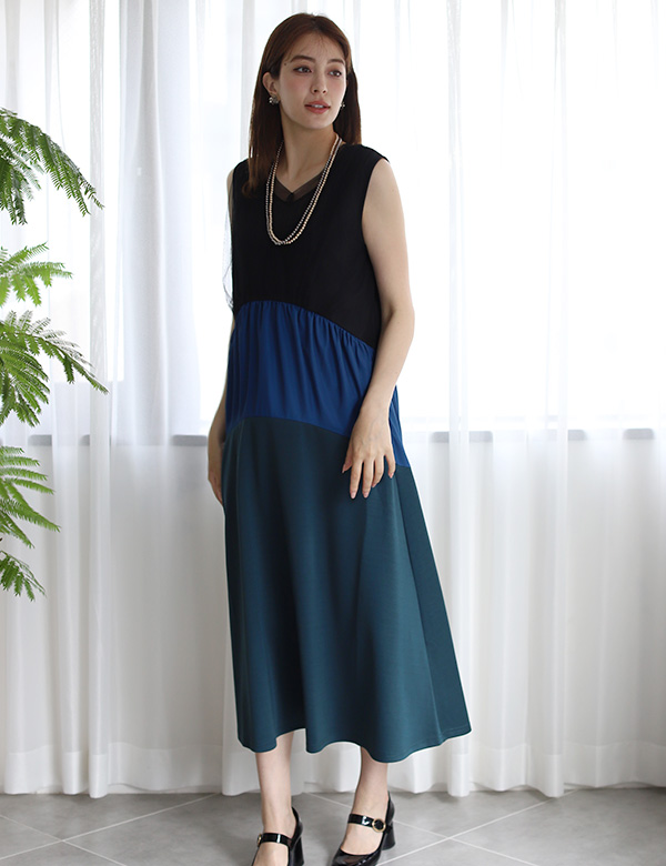 異素材ティアードノースリーブワンピース(980-33112)