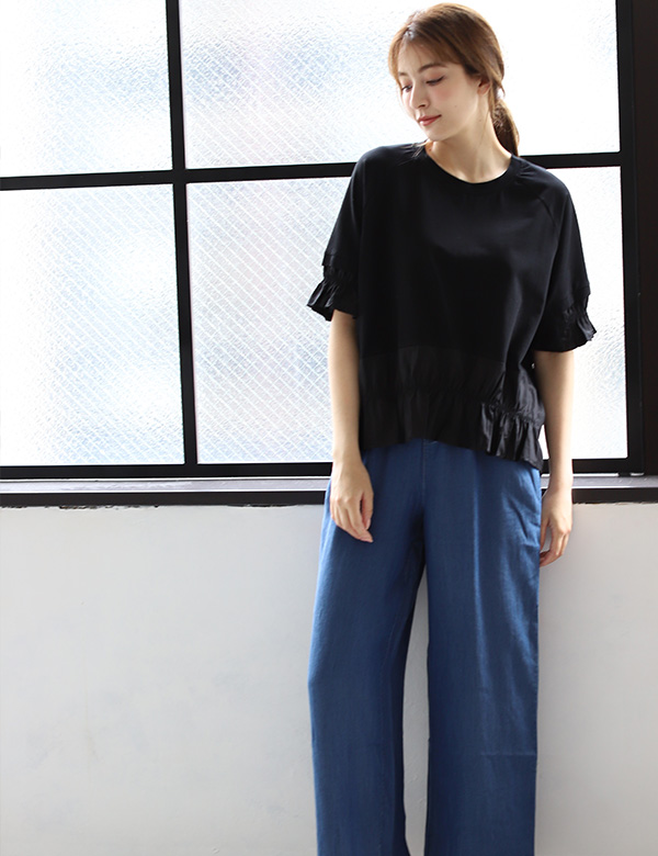 異素材切り替えギャザートップス(KY-5296)