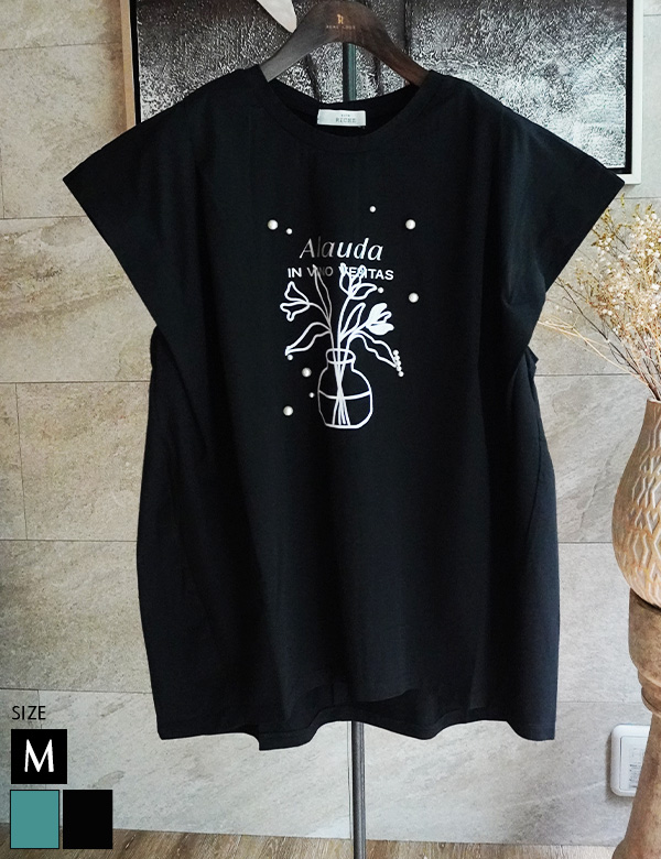 tシャツ シルケット天竺使用　パールモチーフトップス　箔プリントロゴ レディース セール】シルケット天竺使用 パールモチーフトップス 箔プリント