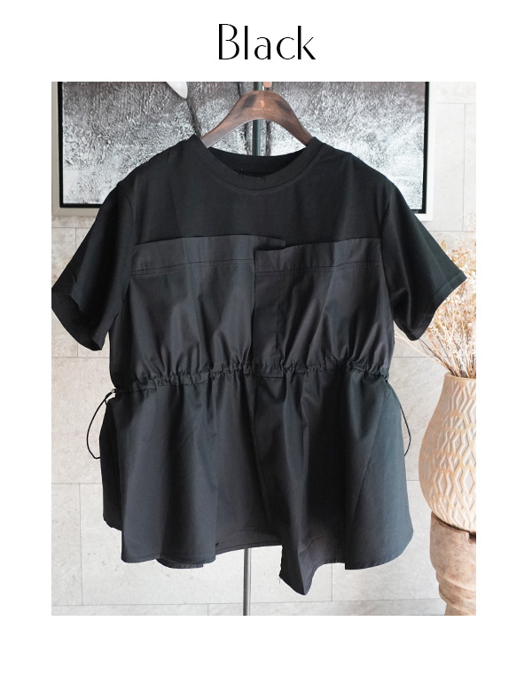 異素材切替えウエストギャザーシルケットトップス(KY-5366)